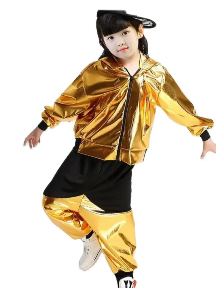 Kid Hoodie Top Pants Dancing Wear Girls Boys Gold Silver Jazz Hip Hop Dance Competition Costume