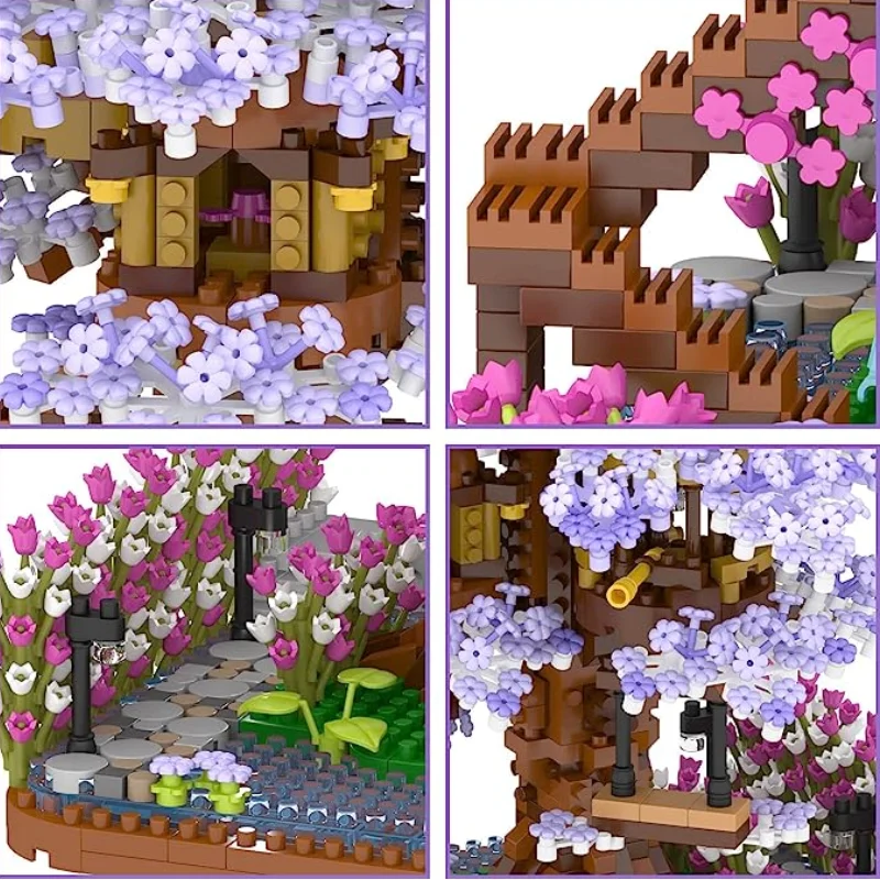 Purple Sakura Blocks With Box Cherry Blossoms Tree House Building Blocks Japanese Street MOC Assembly Brick Toys for Children