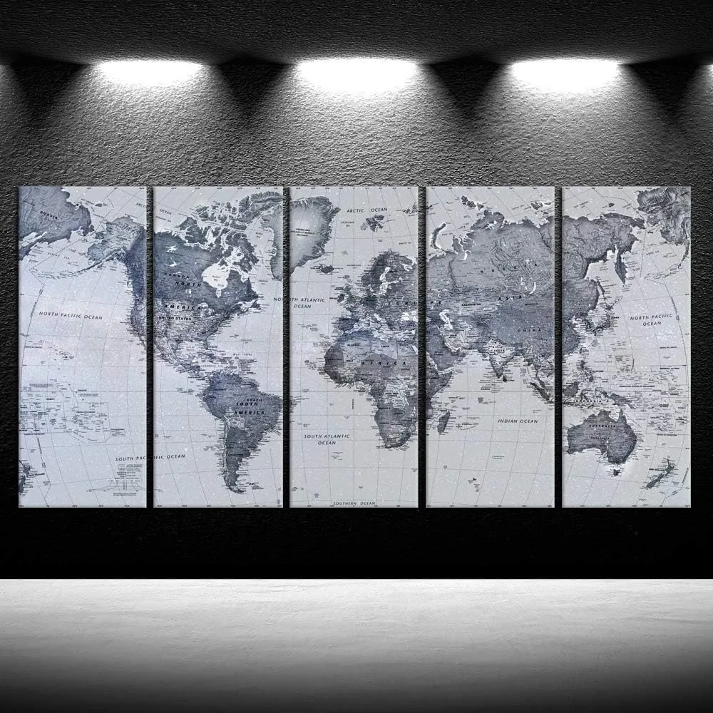 5 Pieces Vintage World Map Canvas Prints Push Pin Map Wall Art Decor Trace Travel Marks Map