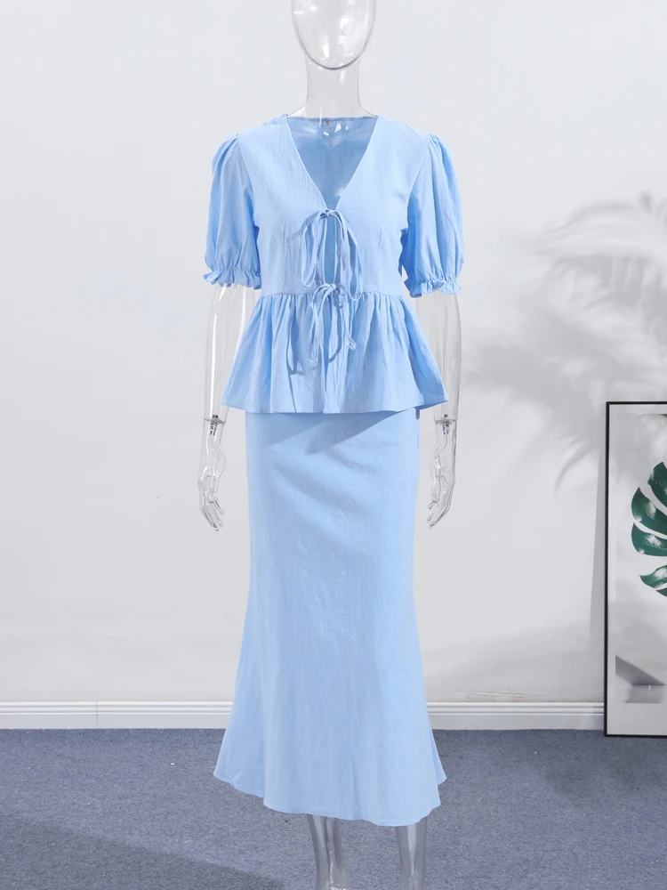 

Elegant Puffed Sleeves Shirts Skirts Suit Women Long Sleeve V-Neck Lace Up Sets Female 2025 Summer 2 Pieces Set Lady