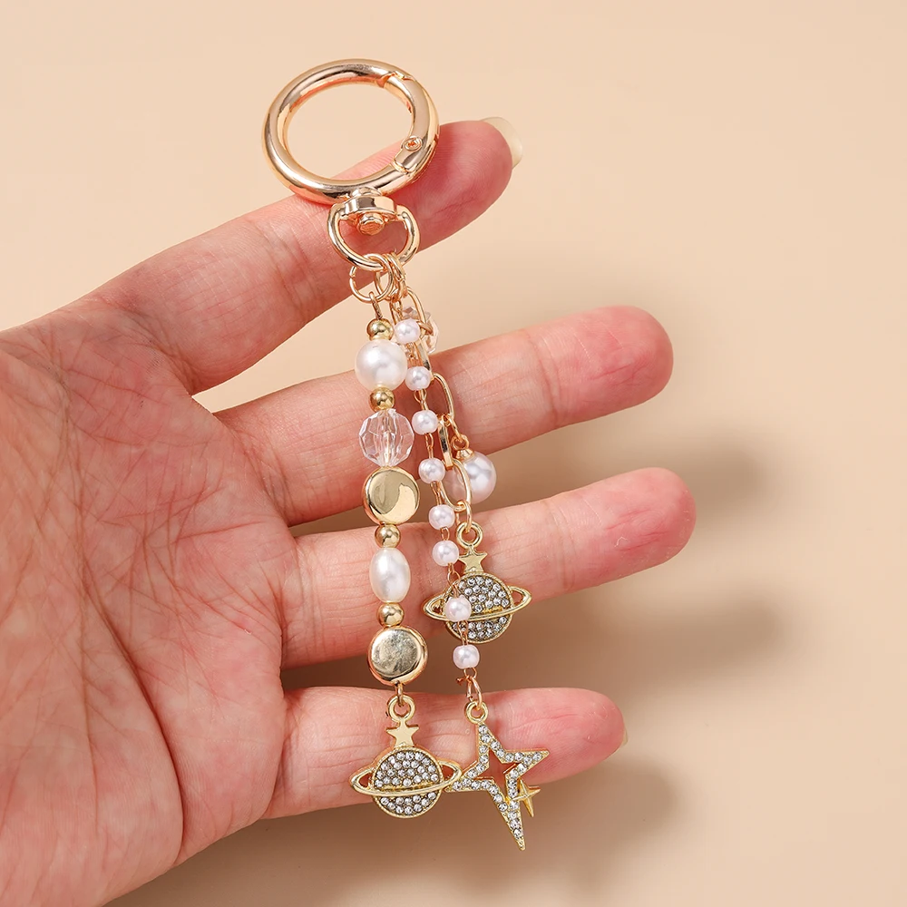 Aihua Niedlicher Kristall-Stern Schlüsselanhänger Perlen-Eiffelturm Schlüsselring Anhänger für Frauen Mädchen Handtaschen-Deko Charms DIY Schmuck – Detail 3