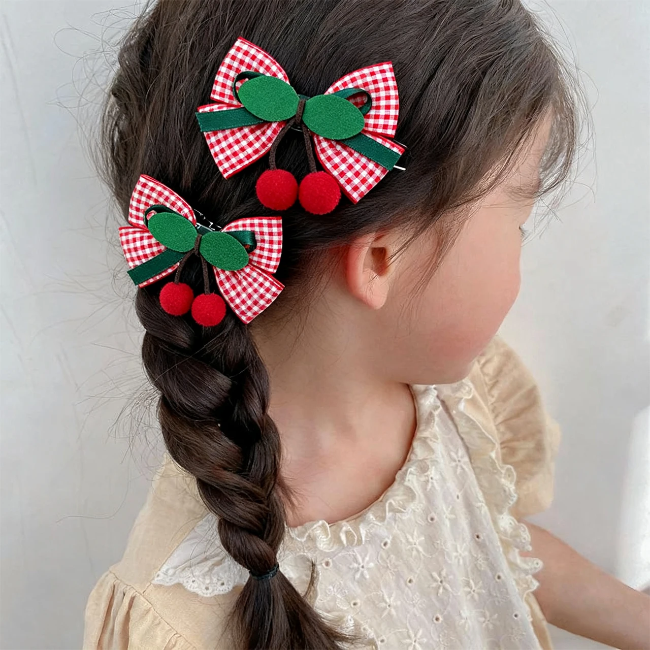 2Pc Red Plaid Bow Hairpins Cherry Pendant Barrettes Sweet Girl Duckbill Clips Kids New Year Headwear Cute Strawberry Hair Clip