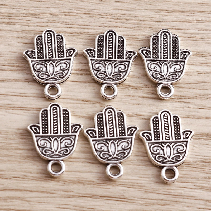 Tusember 20 Stück 13 x 17 mm antiksilberfarbene Fatima Hamsa Hand-Anhänger für Anhänger, Verbinder, DIY, religiöse Halsketten, Ohrringe, Basteln – Detail 3