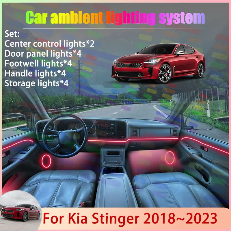 Для Kia Stinger 2018-2023 (2019, 2020) CK: Комплект атмосферной RGB-подсветки салона 2/24 в 1, лампы-стримеры, аксессуары Для Kia Stinger 2018-2023 (2019, 2020) CK: Комплект атмосферной RGB-подсветки салона 2/24 в 1, лампы-стримеры, аксессуары