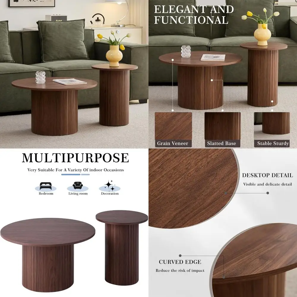 

Pair of Small Nesting Coffee Tables, Wooden Boho Style, Circular Side Tables for Living Room (27.6cm Diameter, Large Short)