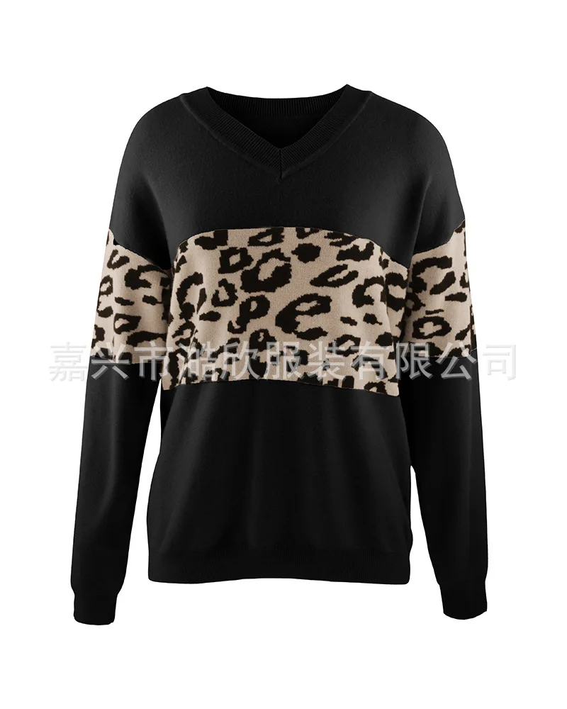 

Прямые джемперы в стиле пэчворк, повседневные элегантные легкие свитера, женские свитера с леопардовым принтом, вязаные пуловеры с длинными рукавами и v-образным вырезом