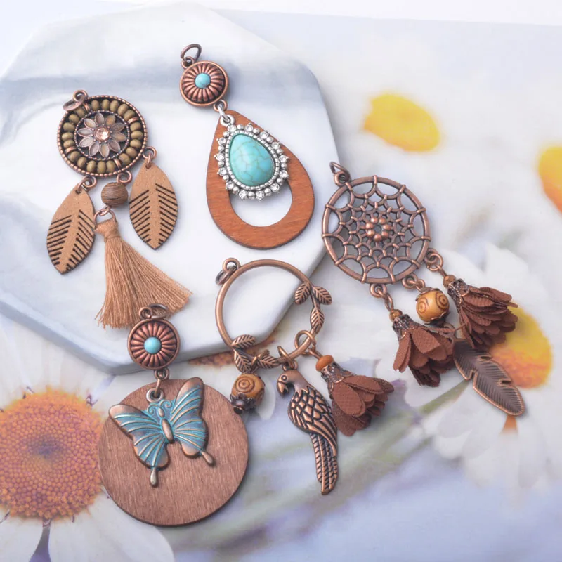 4 Stück Bohemian Herbst- und Winter-Stil Kaffee-Quasten-Ohrringe Traumfänger-Vogel-Stimmungsanhänger DIY Damen-Ohrringe Halskette – Detail 3