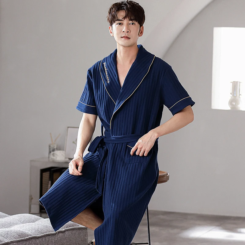 

Men's Cotton Kimono Long Robes 4XL Short Sleeve Sleepwear Bathrobe Big Yards Nightgown Summer Lapel Home Clothes For Male