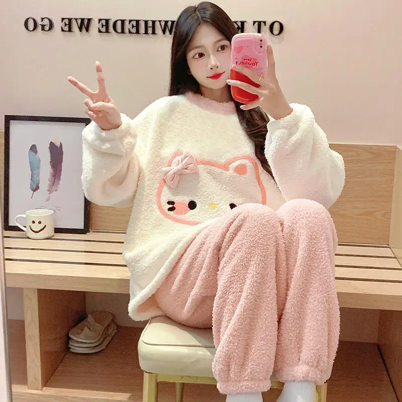 

Фланелевой женский пижамный костюм с рисунком «Hello Kitty», мягкий милый зимний женский коралловый бархат, утолщенная теплая домашняя одежда, одежда для отдыха для девочек