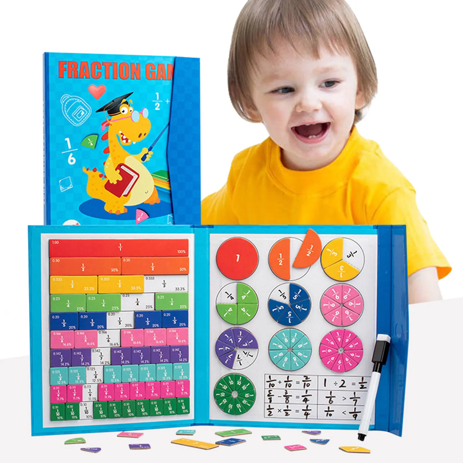 

Магнитная книга-головоломка для демонстрации дробей: деревянная обучающая математическая книга для детей по изучению дробей