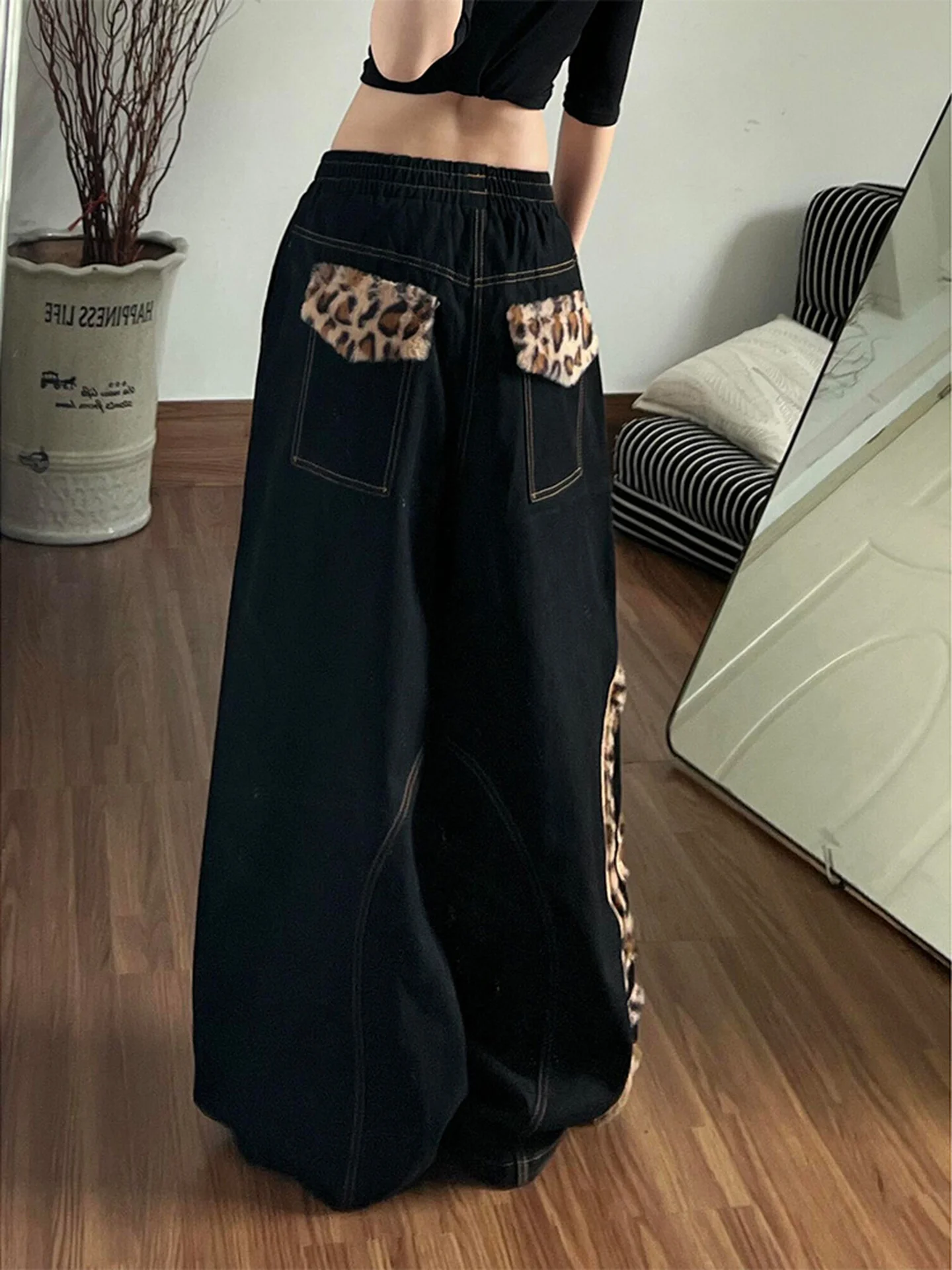 

American High Street Leopard Print Pocket Straight Black Jeans Women Summer New High Waist Loose Wide Leg Long Pants