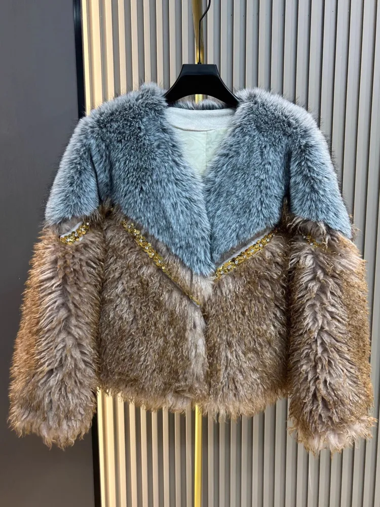 ZMEENNA 여성용 짧은 인조 모피 자켓 골드 스팽글 디테일 고급스러운 따뜻한 겨울 아우터 베이지 브라운 레오파드 스팟 ZM4474