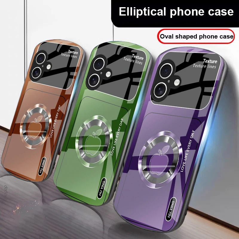 أيقونة أبل على شكل دائرة فضية لهاتف آيفون 17 16 15 14 13 Plus 12 mini 11 Pro Max XR Xs Max X 7 8 6S 22 20 حافظة هاتف زجاجية بيضاوية الشكل