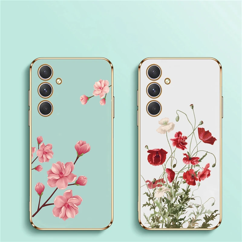 A54 Plating Phone Case For Samsung Galaxy A55 A35 A15 A25 A05S A24 Flower Shockproof Soft Back Cover Funda