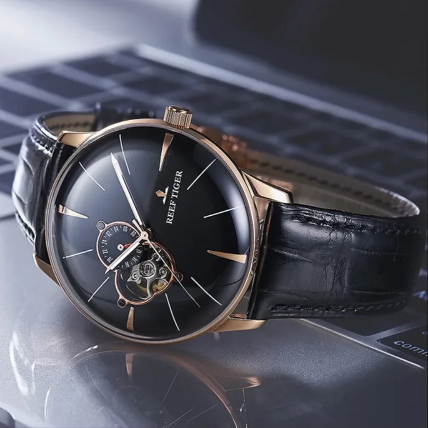 Reef Tiger Mens Automatic Watches 43mm Mechanical Wristwatch 5ATM Waterproof Bubble Sapphire Skeleton Dial Leather Strap