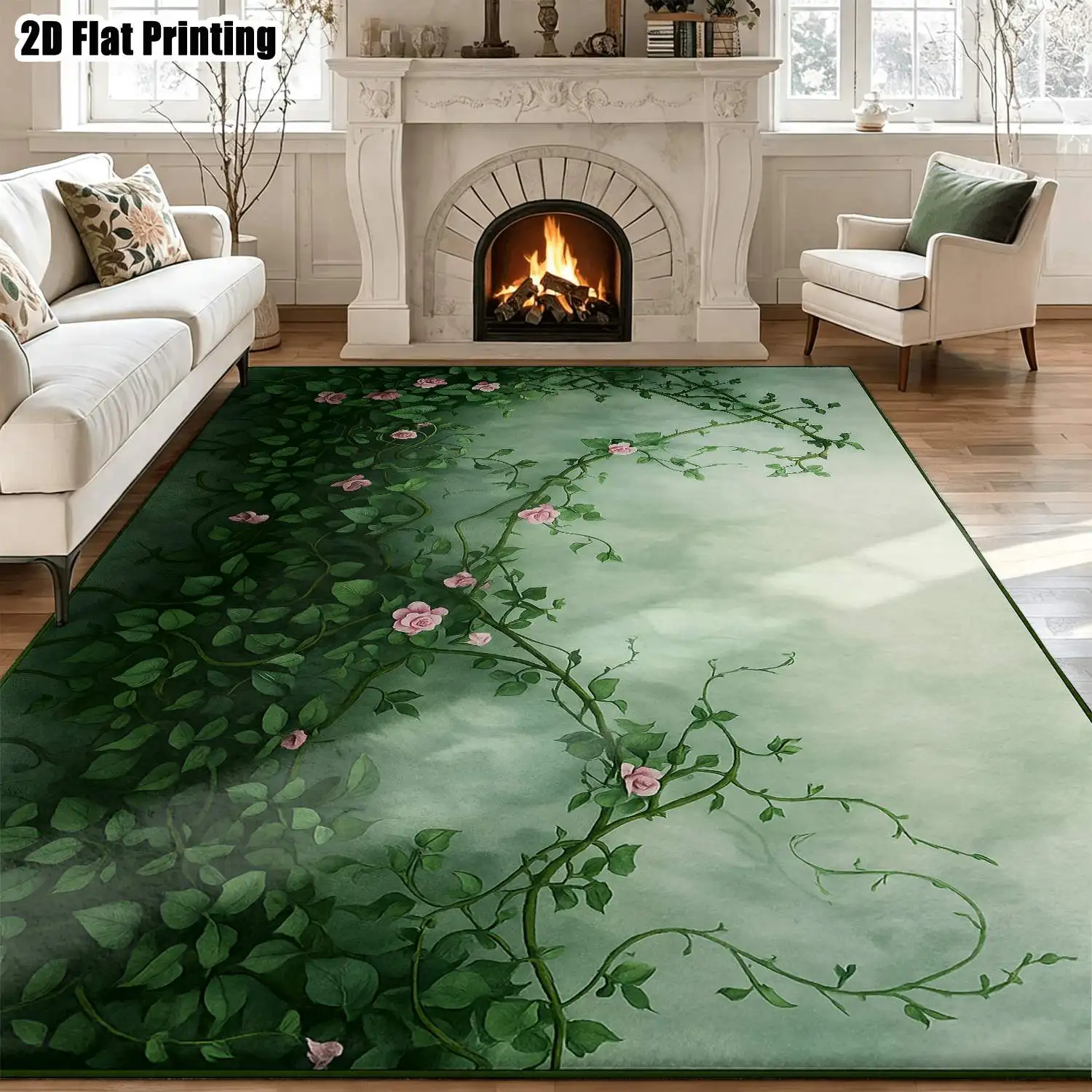 1Pc 2D Printed Carpet: Green Vines & Pink Flowers Nordic/Instagram/Modern Minimalist/European/Vintage Style, Multi-Size, Machine-Washable. For Entrance, Dining Room, Foyer, Living Room, Bedroom Home Decor.