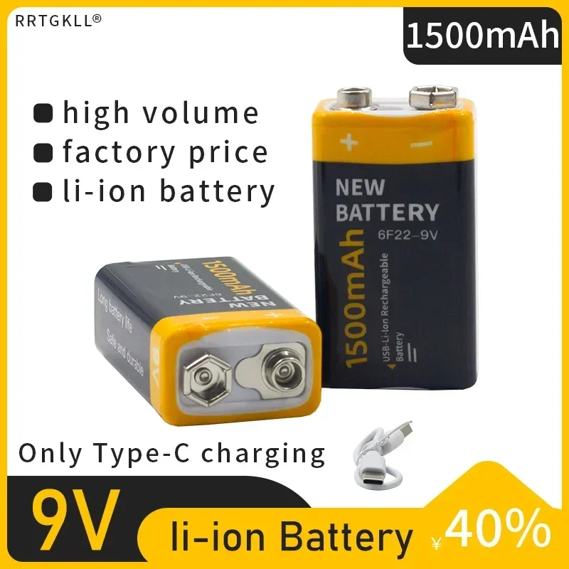 New 9V 1500mah Lithium Ion Fast Rechargeable Battery Teyt-c Interface USB Battery 9V Multimeter Lithium Microphone Toy + Cable