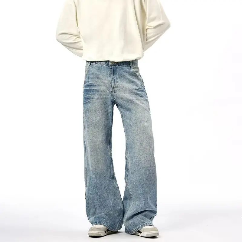

Мужские винтажные потертые синие широкие прямые мешковатые джинсы, повседневные прямые уличные брюки из эластичного денима