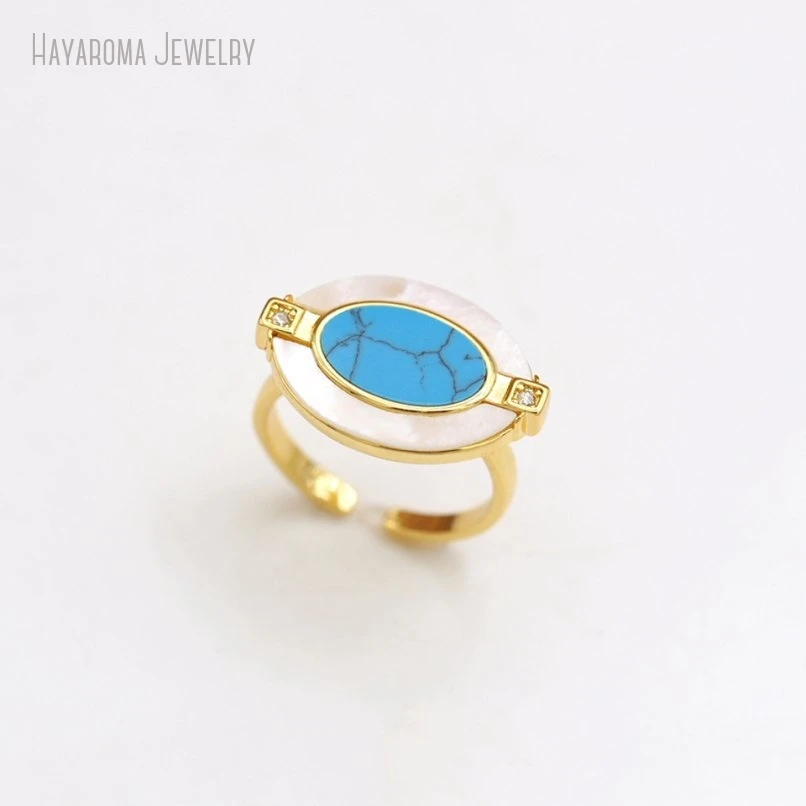 10Pcs Blue Gold Color Geometric Oval Copper Wholesale White Shell Metal Stone Synthetic Turquoises Ring RM50858