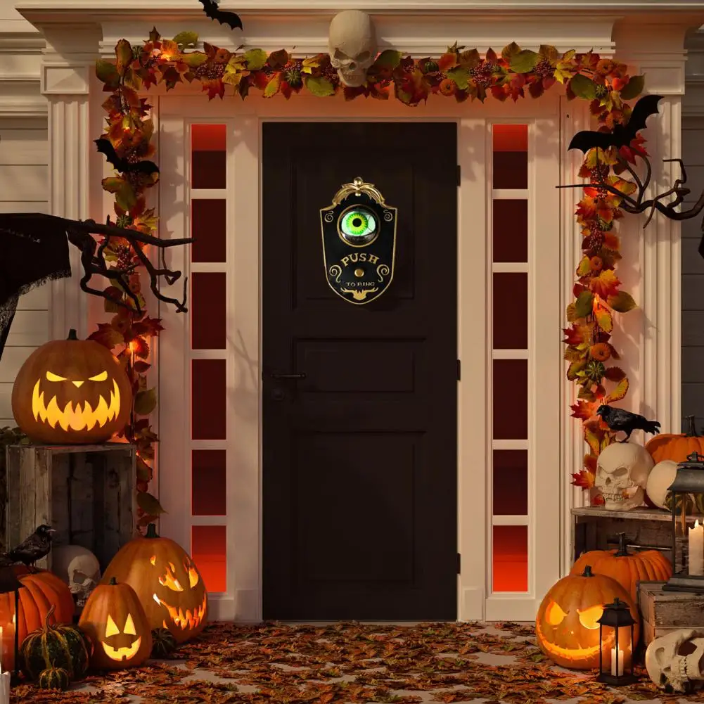 Haunted House Doorbell Spooky Halloween Skull Doorbell with Skeleton Head Light-up Eyes Spooky Sounds for Haunted House Party