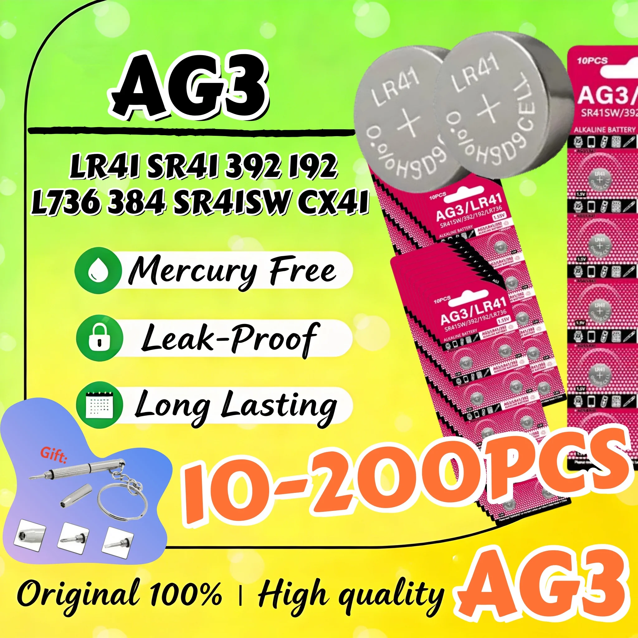 10-200PCS AG3 LR41 Button Cell Batteries SR41 392 192 Round Cell Coin Alkaline Battery L736 384 SR41SW CX41 For Watch Toys Clock
