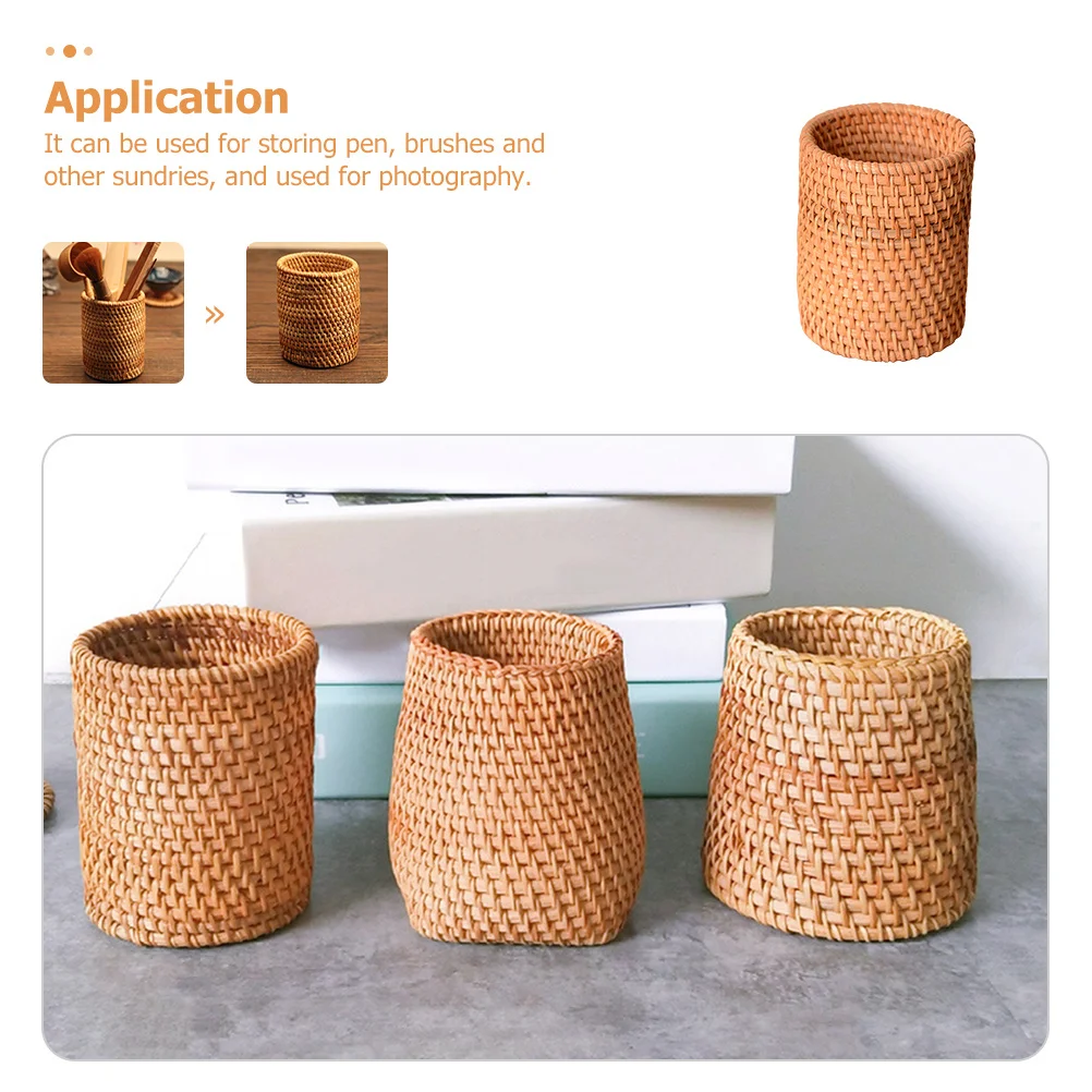 

Round Storage Decor Rattan Brush Holder for Desk Pencil Organizer Pen Container Countertop Stationery Supplies