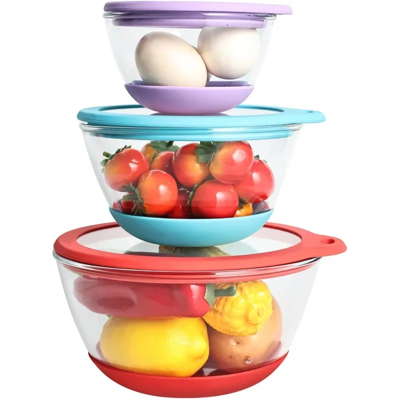 

Glass Mixing Bowls Set of 3 with BPA-Free Airtight Lids, Large Nesting Bowls with Non-Slip Silicone Base, Ideal for Food