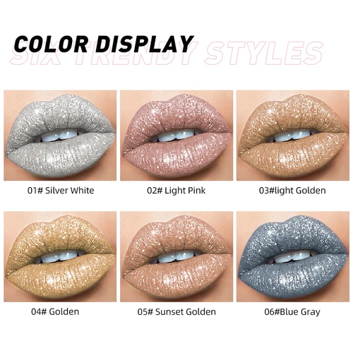 Imagen 2 del producto QIBEST brillo de labios belleza chica diamante brillo tinte de labios impermeable de larga duración 6 colores gris flash lápiz labial líquido maquillaje