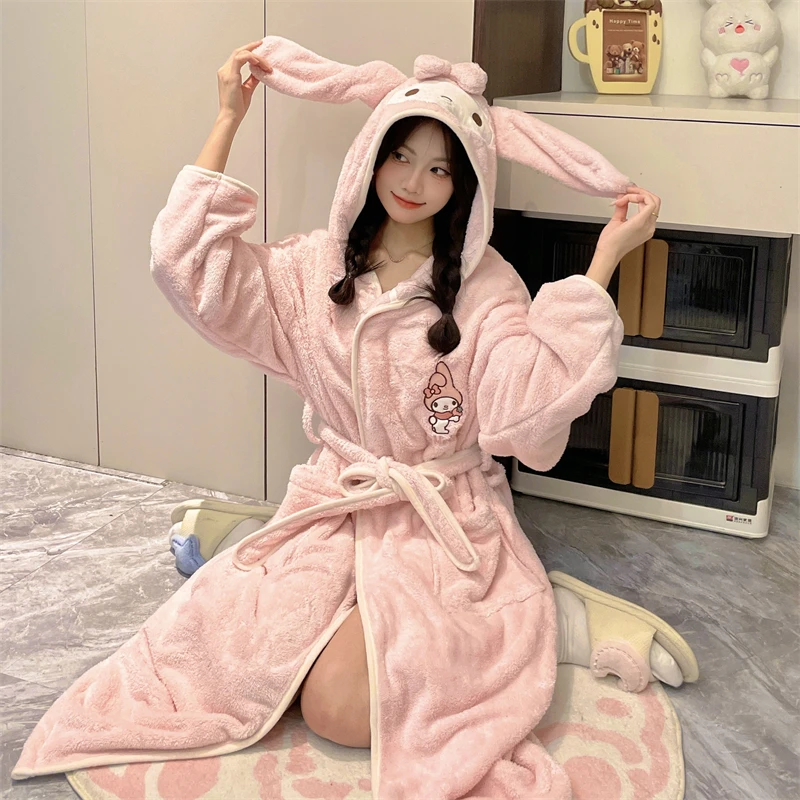 Anime Cinnamoroll Kuromi Vrouw Dikke Pyjama Halflange Nachtjapon Flens Pluche Badjas Absorberende Sneldrogende Homewear Yukata