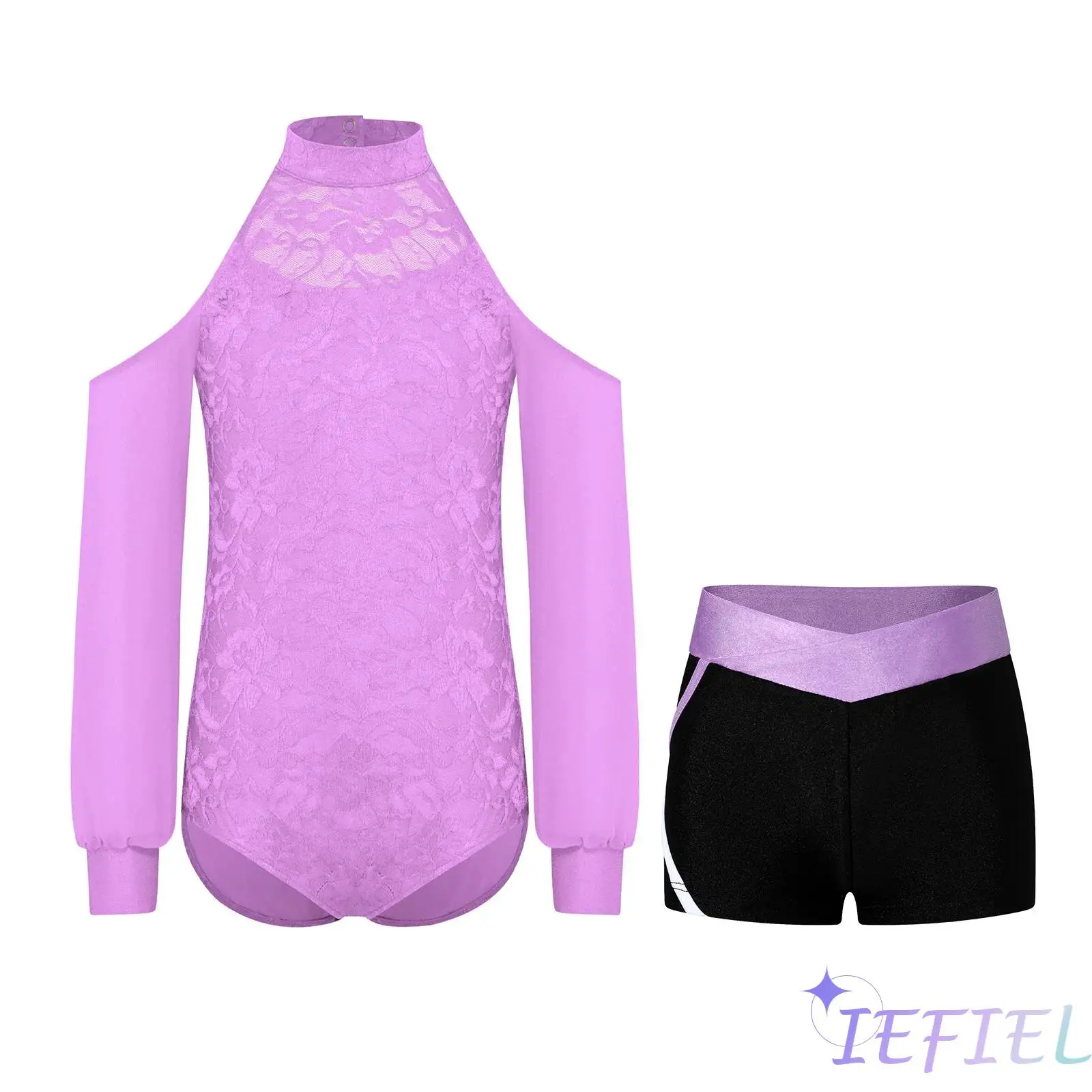 

Kids Girls Ballet Gymnastics Figure Skating Dancewear Cutout Back Sheer Mesh Long Sleeves Lace Leotard with Waistband Shorts