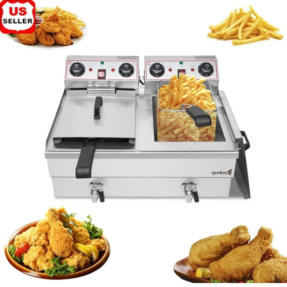 Elektrische Fritteuse, Edelstahl, Doppeltank, Arbeitsplatte, kommerzielle Fritteuse, Temperaturregelung, sicherer Ölspritzschutz