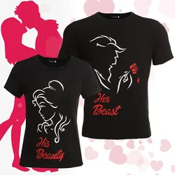 2024  His Beauty Her Beast Print Couple Tee Loose King Queen Tshirt Couple Gift T-ShirtsFashion Lovers Tee Graphic Shirt Y2k