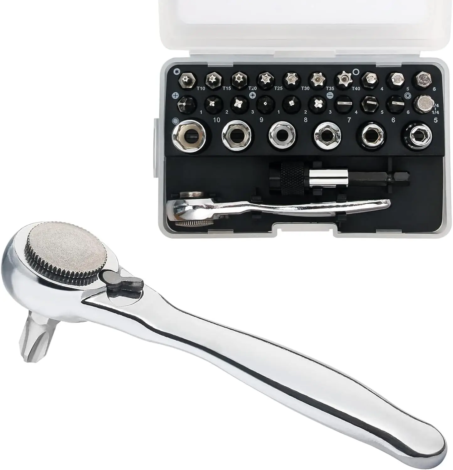 مجموعة سقاطة صغيرة 1/4 بوصة 28 قطعة، مقبس ومقبس متري، مفك براغي 72 سنًا، سقاطة منخفضة المستوى للمساحات الضيقة #1