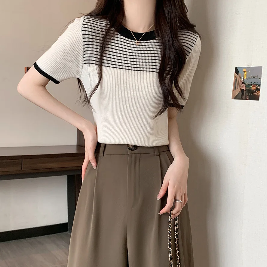 

Летние полосатые футболки с короткими рукавами, универсальные женские трикотажные базовые повседневные топы, женские свободные хлопковые футболки, рубашка Harajuku 2025 D594