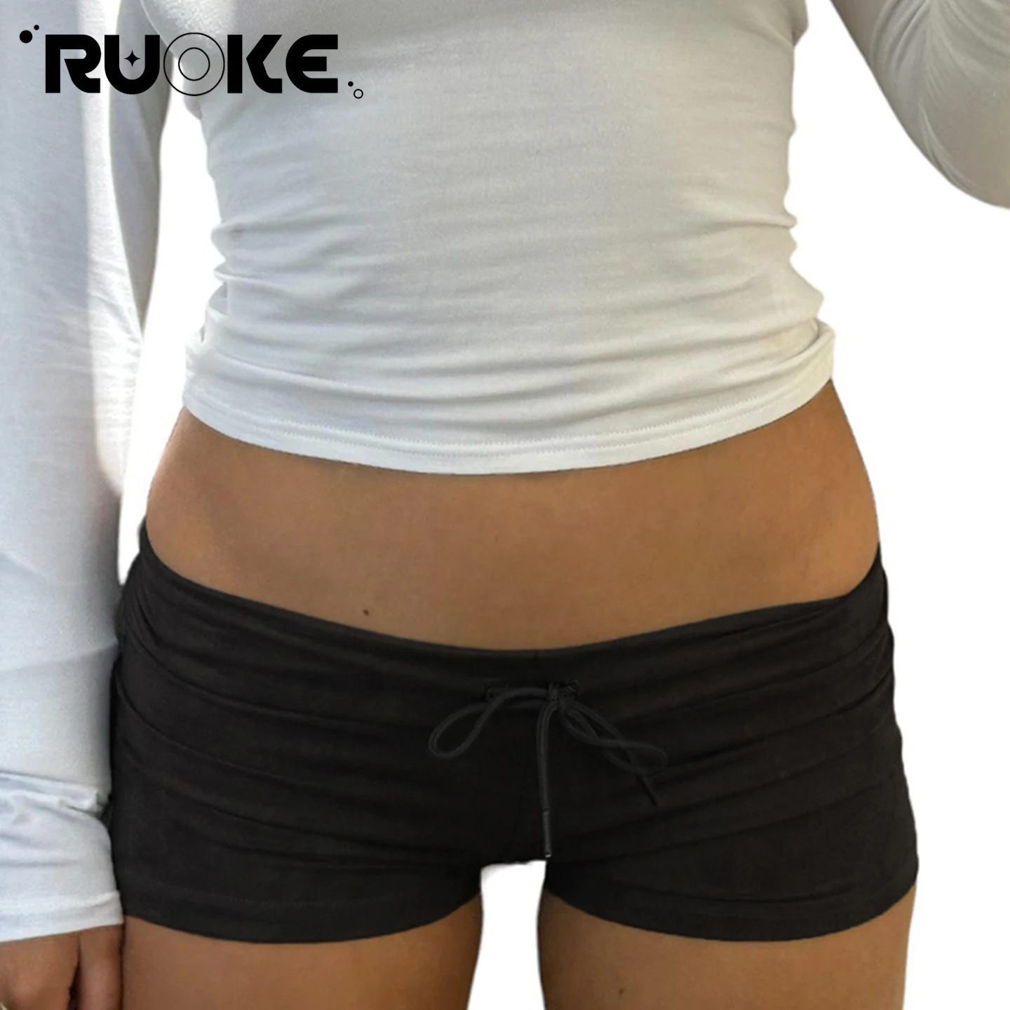 

[RUOKE] Sexy Streetwear Low Waist Shorts Women Slim Fit Bodycon Booty Shorts Drawstring Mini Shorts Summer Casual Daily Outfit
