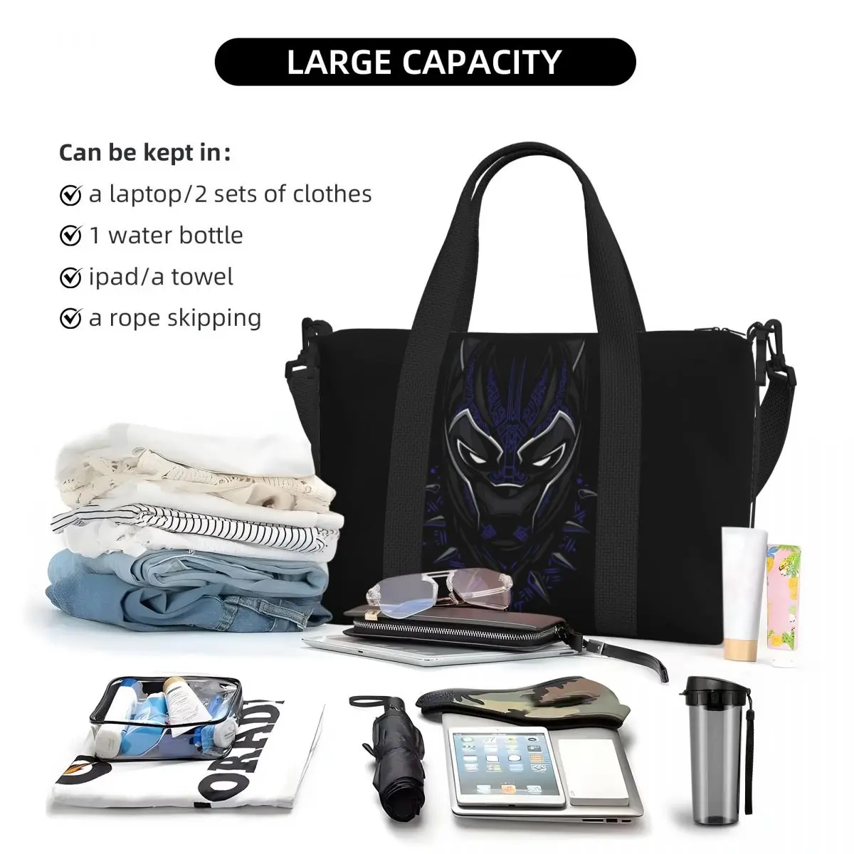 Benutzerdefinierte Black Panther Lebensmittel Einkaufstasche Tasche Frauen große Kapazität Anime Tapete Gym Strand Reisetaschen