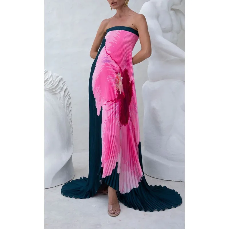 Abito lungo da donna elegante estivo con pieghe a sirena Abito da ballo da cocktail da sposa fluido con spalle scoperte floreale sexy