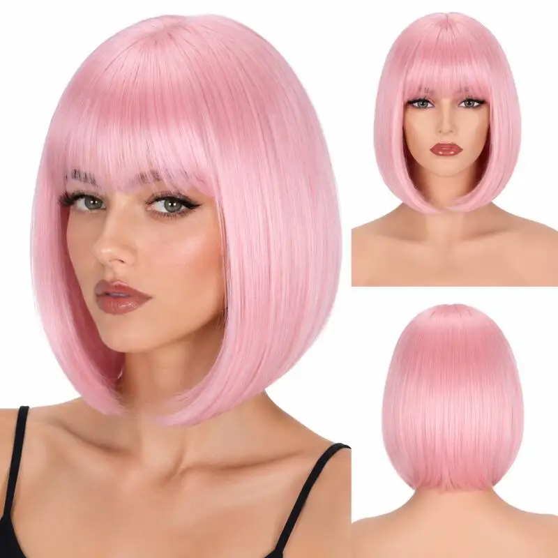 Short Bob Wig With Bangs Straight Synthetic Hair Wigs For Women Natural Look Daily Party Cosplay Heat Resistant Full 3 Color Wig image 4