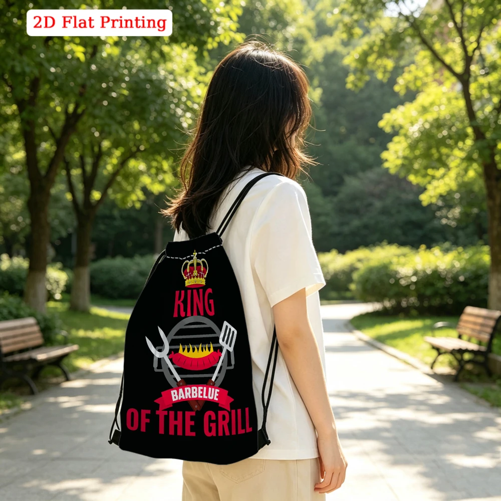 2D Flat Printing, Drawstring Backpack, King Of The Grill Barbecue Graphic, Fitness Sports Bag, Outdoor Travel Drawstring Bag