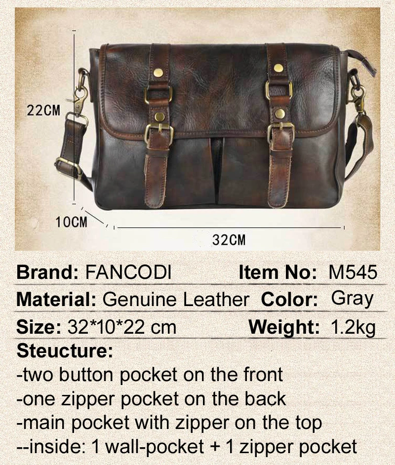 Vintage Genuine Leather Shoulder Bag For Men Business Casual Crossbody Bag Male Double Layer Large Capacity Briefcase Gray M545