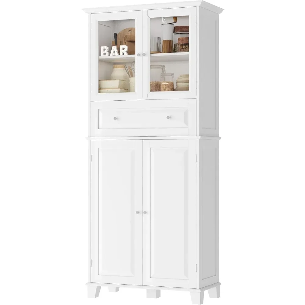 Tall Kitchen Pantry Cabinet, Freestanding Barthroom Storage Cabinetwith Drawer, Glass Doors and Adjustable Shelves