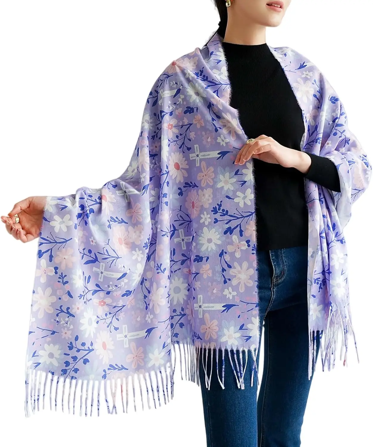 Purple Prayer Shawls for Women Christian Floral Blanket Scarf with Cross,Wrap Scarf for Teacher Mother Church Gifts