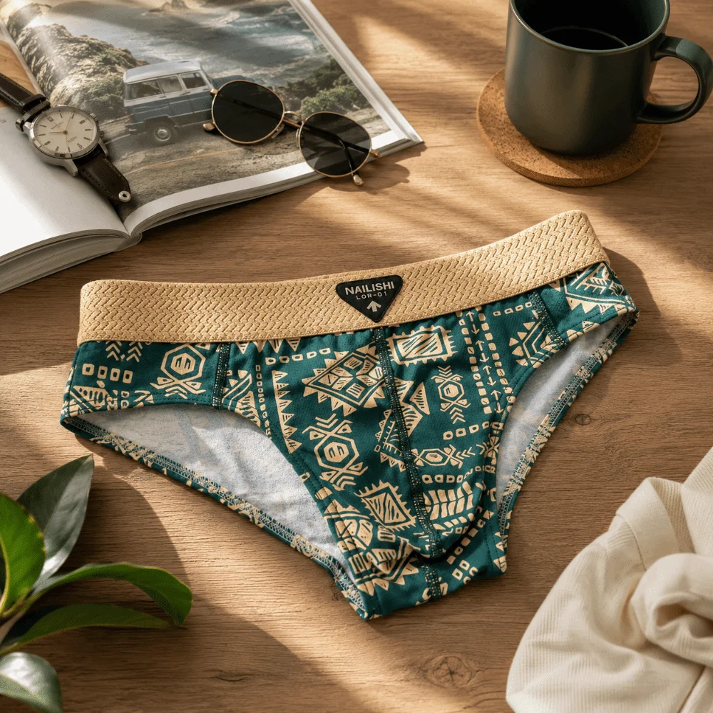 Ethnic Style Mid Waist Printed Underwear Lingerie Convex Pouch Triangle Panties Stripe Men Boxer Shorts Plus Size