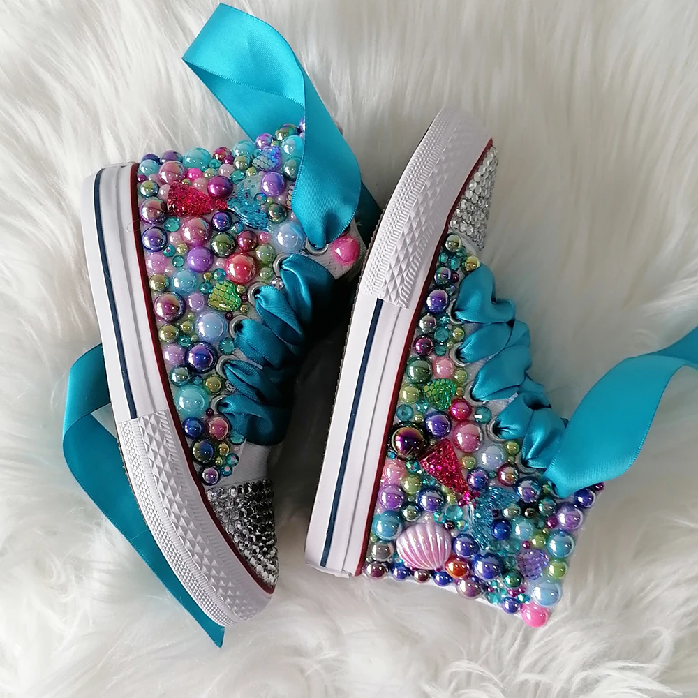 Zapatos de lona con diamantes de imitación hechos a mano para niñas y mujeres, zapatillas de perlas brillantes, fiesta de cumpleaños, boda