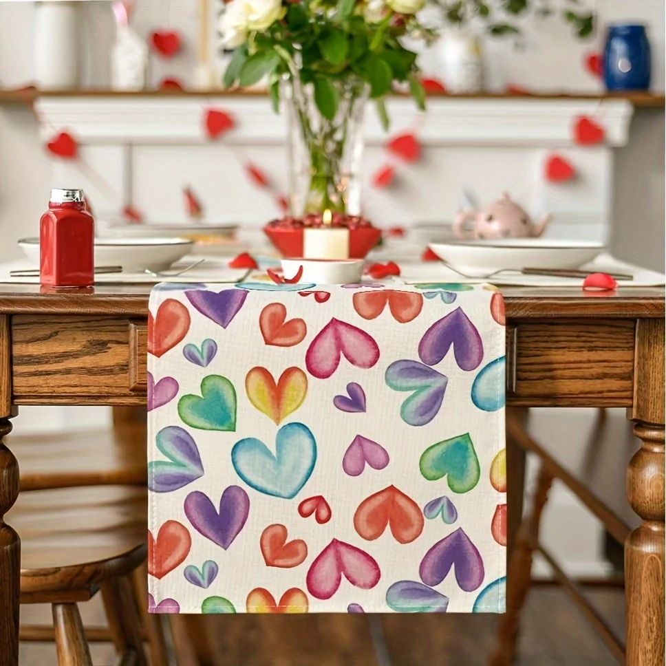 JIT 1pc Watercolor Heart Table Runner 2D Single Print Romantic Home Decor Dining Table Accessory Colorful Sweet Valentine-Themed
