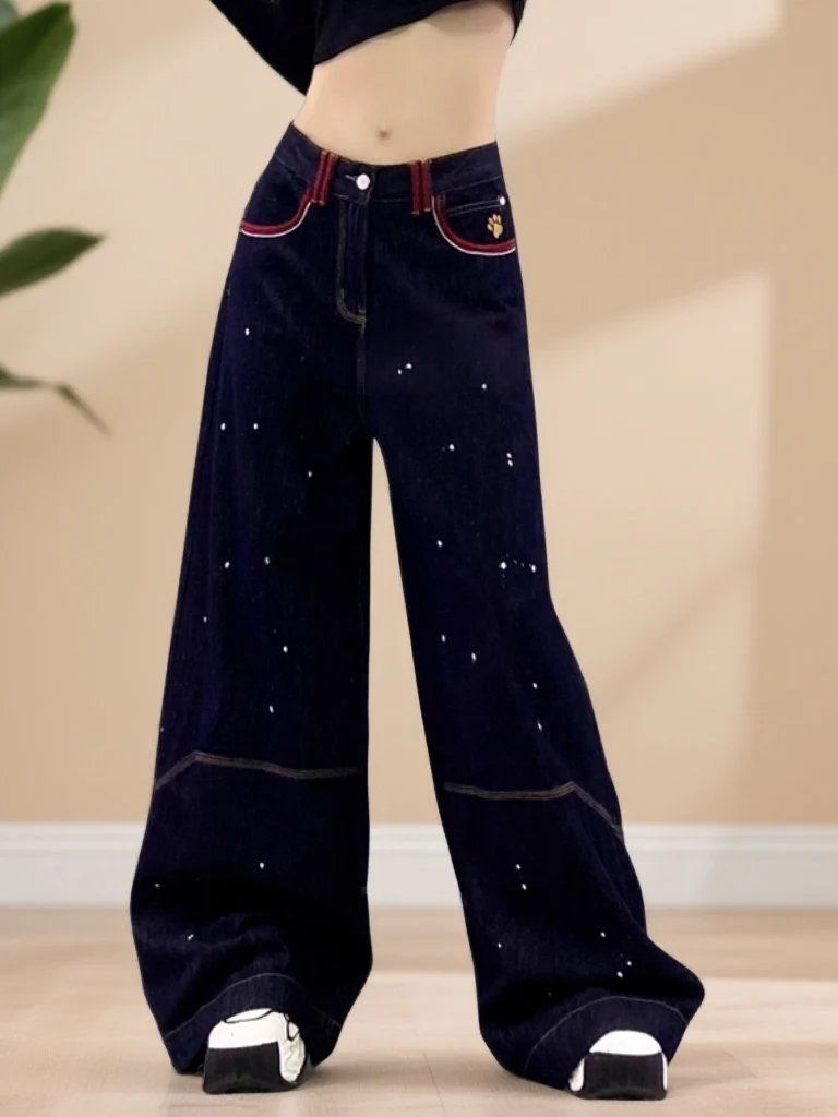 

Spring Casual High Waist Wide Leg Jeans Women's Faion Print ket Loose Fit Straight Cut Denim Pants Versatile Spring Wear