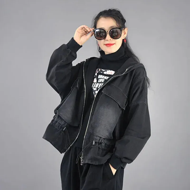 

Denim Coat 2024 Spring New All-Match Women's Bat Sleeve Hooded Jeans Jacket Female Bomber Street Top Loose Korean Casual Outwear