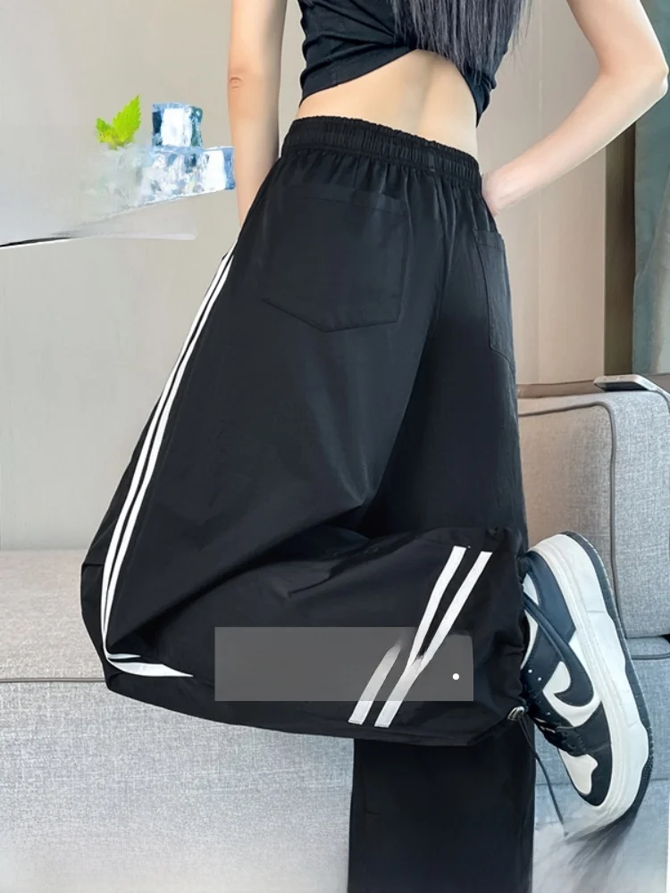High Waist Casual Loose Sports Pants Women's Ice Silk Stripe Workwear Trousers Quick Dry Straight Leg Commute Style