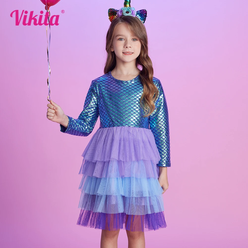 VIKITA Girls Mermaid Print Dress Kids Layered Mesh Tulle Cake Ball Gown Tutu Dresses Girl Party Performance Princess Dress 3-12Y