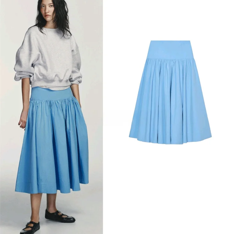 

Spring New Arrival Women's Casual Sle Zipper High Waist Flared Midi f-length Skirt A-line Loose Fit Polyester Fiber
